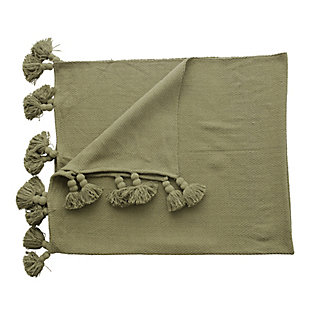 This woven cotton throw looks great over any couch or chair. Featuring a beautiful olive color with fun oversized tassels, this piece seamlessly adds both comfort and style to any seat. Its neutral color makes it perfect for blending in with any type of decor, and great for curling up withThis woven cotton throw looks great resting on couches and chairs, and features a beautiful olive color with oversized tassels | Made out of woven cotton | Perfect for any style home | Perfect for throwing over couches or chairs for both added style and comfort | 100% cotton