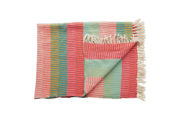 This woven recycled cotton blend throw looks great over any couch or chair. Featuring a fun multi-colored stripe pattern with tassels, this piece seamlessly adds both comfort and style to any seat. Its bold pattern makes it perfect for blending in with eclectic decor, and is great for curling up withThis woven recycled cotton blend throw looks great resting on couches and chairs, and features a fun multi-colored stripe pattern with tassels | Woven recycled cotton blend | Perfect for an eclectic home | Perfect for throwing over couches or chairs for both added style and comfort | 52% cotton, 30% polyester, 5% acrylic, 5% rayon, 5% nylon, 3% other fiber