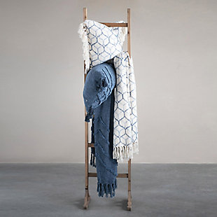 This stonewashed cotton blend throw looks great over any couch or chair. Featuring a blue and cream ogee pattern with tassels, this piece seamlessly adds both comfort and style to any seat. Its simple pattern makes it perfect for blending in with any decor, and is great for curling up withThis stonewashed cotton blend throw looks great resting on couches and chairs, and features a blue and cream ogee pattern with tassels | Stonewashed cotton blend | Perfect for any style home | Perfect for throwing over couches or chairs for both added style and comfort | 70% cotton, 30% polyester