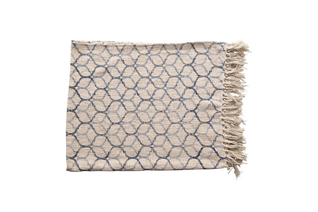 This stonewashed cotton blend throw looks great over any couch or chair. Featuring a blue and cream ogee pattern with tassels, this piece seamlessly adds both comfort and style to any seat. Its simple pattern makes it perfect for blending in with any decor, and is great for curling up withThis stonewashed cotton blend throw looks great resting on couches and chairs, and features a blue and cream ogee pattern with tassels | Stonewashed cotton blend | Perfect for any style home | Perfect for throwing over couches or chairs for both added style and comfort | 70% cotton, 30% polyester