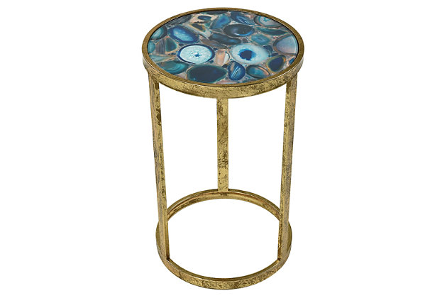 Adorn your home with jewelry. The Krète accent table is a gorgeous accessory just waiting to beautify your space. Blue agate tabletop is a fashionable  masterpiece. With a minimalistic distressed goldtone base, this accent stool gives new meaning to "simply stunning".Made of metal with glass top | Blue agate finish tabletop