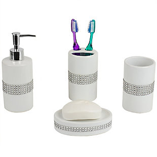 Home Basics 4 Piece Ceramic Luxury Bath Accessory Set with Stunning Sequin Accents, White, , large