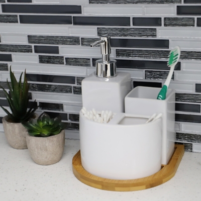 Home Basics Serene Scandinavian 4 Piece Ceramic Bath Accessory Set with Bamboo Tray, White, , rollover