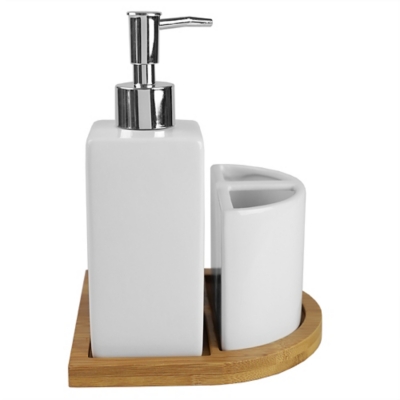 Home Basics Serene Scandinavian 4 Piece Ceramic Bath Accessory Set with Bamboo Tray, White, , large