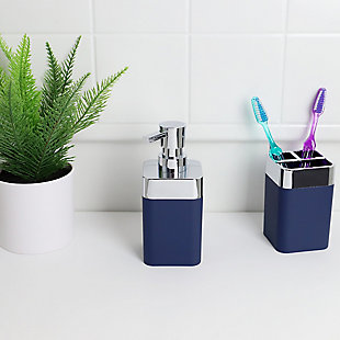 When it comes to elegant  and functional design the Skylar soap dispenser is the perfect bath accessory to meet your needs. With eye-catching silver toned accents this divinely refined bath accessory makes an impactful addition to your bath’s décor.  Its thick, high-impact ABS construction helps keep it in place as you dispense.  Untwist the top to reveal plenty of space to house 10 ounces of your favorite liquid soap. The soap dispenser is easy to fill thanks to its wide mouth and removable pump head. Use in the bathroom to have hand soap at the ready for guests. Or place it in the kitchen to have dish soap accessible.  Hand wash with warm water and  use  mild soap. Dry thoroughly. Item dimensions may differ slightly due to the unique nature of the product. Color and finish may also differ from the images due to differences in monitor displays. Props and accessories are not included.Large 10 ounce capacity means less time refilling and less trips to the store to buy more soap | Wide mouth opening and twist open soap head for quick and easy refills without spilling | Sturdy, smooth dispensing action soap head gives you just the right amount of soap every time | Made with high impact abs plastic, this thick-walled soap dispenser is sturdy, stable and easy to clean