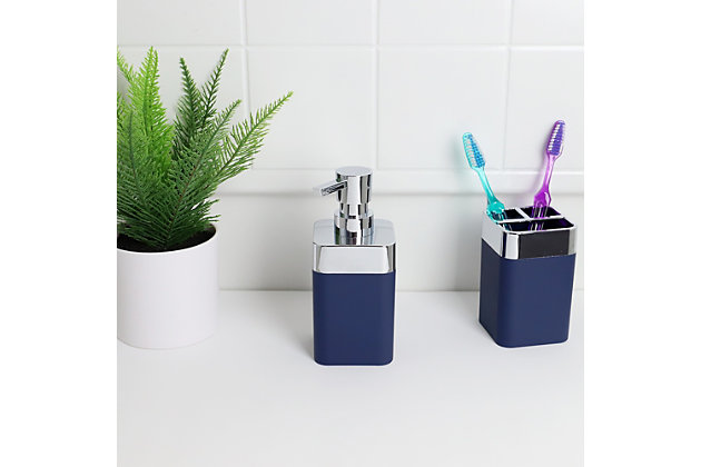 When it comes to elegant  and functional design the Skylar soap dispenser is the perfect bath accessory to meet your needs. With eye-catching silver toned accents this divinely refined bath accessory makes an impactful addition to your bath’s décor.  Its thick, high-impact ABS construction helps keep it in place as you dispense.  Untwist the top to reveal plenty of space to house 10 ounces of your favorite liquid soap. The soap dispenser is easy to fill thanks to its wide mouth and removable pump head. Use in the bathroom to have hand soap at the ready for guests. Or place it in the kitchen to have dish soap accessible.  Hand wash with warm water and  use  mild soap. Dry thoroughly. Item dimensions may differ slightly due to the unique nature of the product. Color and finish may also differ from the images due to differences in monitor displays. Props and accessories are not included.Large 10 ounce capacity means less time refilling and less trips to the store to buy more soap | Wide mouth opening and twist open soap head for quick and easy refills without spilling | Sturdy, smooth dispensing action soap head gives you just the right amount of soap every time | Made with high impact abs plastic, this thick-walled soap dispenser is sturdy, stable and easy to clean