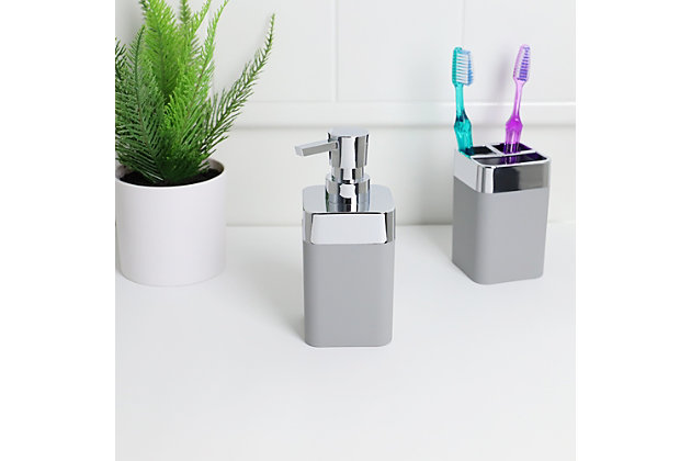 When it comes to elegant and functional design the Skylar soap dispenser is the perfect bath accessory to meet your needs. With eye-catching silver toned accents this divinely refined bath accessory makes an impactful addition to your bath’s décor. Its thick, high-impact ABS construction helps keep it in place as you dispense. Untwist the top to reveal plenty of space to house 10 ounces of your favorite liquid soap. The soap dispenser is easy to fill thanks to its wide mouth and removable pump head. Use in the bathroom to have hand soap at the ready for guests. Or place it in the kitchen to have dish soap accessible. Hand wash with warm water and use mild soap. Dry thoroughly. Item dimensions may differ slightly due to the unique nature of the product. Color and finish may also differ from the images due to differences in monitor displays. Props and accessories are not included.Large 10 ounce capacity means less time refilling and less trips to the store to buy more soap | Wide mouth opening and twist open soap head for quick and easy refills without spilling | Sturdy, smooth dispensing action soap head gives you just the right amount of soap every time | Made with high impact abs plastic, this thick-walled soap dispenser is sturdy, stable and easy to clean