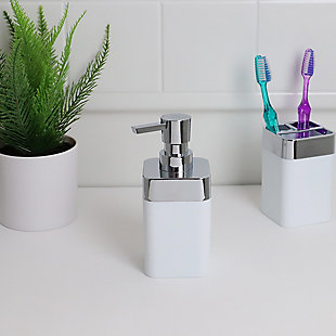 When it comes to elegant and functional design the Skylar soap dispenser is the perfect bath accessory to meet your needs. With eye-catching silver toned accents this divinely refined bath accessory makes an impactful addition to your bath’s décor. Its thick, high-impact ABS construction helps keep it in place as you dispense. Untwist the top to reveal plenty of space to house 10 ounces of your favorite liquid soap. The soap dispenser is easy to fill thanks to its wide mouth and removable pump head. Use in the bathroom to have hand soap at the ready for guests. Or place it in the kitchen to have dish soap accessible. Hand wash with warm water and use mild soap. Dry thoroughly. Item dimensions may differ slightly due to the unique nature of the product. Color and finish may also differ from the images due to differences in monitor displays. Props and accessories are not included.Large 10 ounce capacity means less time refilling and less trips to the store to buy more soap | Wide mouth opening and twist open soap head for quick and easy refills without spilling | Sturdy, smooth dispensing action soap head gives you just the right amount of soap every time | Made from high impact abs plastic, the small profile will fit neatly on countertops and vanities