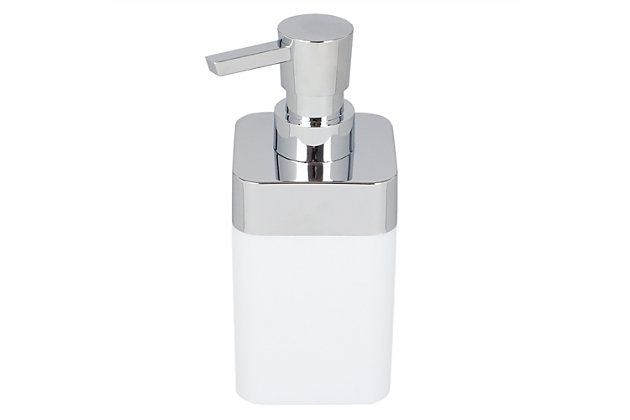 When it comes to elegant and functional design the Skylar soap dispenser is the perfect bath accessory to meet your needs. With eye-catching silver toned accents this divinely refined bath accessory makes an impactful addition to your bath’s décor. Its thick, high-impact ABS construction helps keep it in place as you dispense. Untwist the top to reveal plenty of space to house 10 ounces of your favorite liquid soap. The soap dispenser is easy to fill thanks to its wide mouth and removable pump head. Use in the bathroom to have hand soap at the ready for guests. Or place it in the kitchen to have dish soap accessible. Hand wash with warm water and use mild soap. Dry thoroughly. Item dimensions may differ slightly due to the unique nature of the product. Color and finish may also differ from the images due to differences in monitor displays. Props and accessories are not included.Large 10 ounce capacity means less time refilling and less trips to the store to buy more soap | Wide mouth opening and twist open soap head for quick and easy refills without spilling | Sturdy, smooth dispensing action soap head gives you just the right amount of soap every time | Made from high impact abs plastic, the small profile will fit neatly on countertops and vanities
