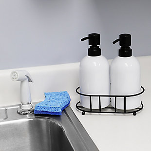 Home Basics 2 Piece Ceramic Soap Dispenser Set with Metal Caddy, White, , rollover