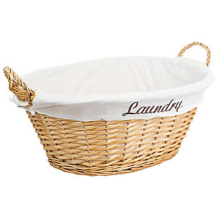 Toss in your weekly washed clothes, detergent, and other handy laundry supplies in this luxury laundry basket and you’re all set to welcome in graceful order to your home.  A fabric liner is attached securely on the handle to prevent delicate fabrics from tearing and snagging.  Effortlessly tote your clothes from  your room to the machine or laundromat.  Crafted  of deep textured wicker, it is so much more than a spot to lug your laundry load. Fill it with an assortment of kitchen gadgets and tools, toys, and crafts for the perfect baby shower or wedding gift on the fly.Lined wicker basket is perfect for storing laundry, crafts, toys, and more | Sturdy looped handles for a comfortable grasp | Includes a removable, machine washable fabric liner to protect delicate clothing and items from snags and tears | Made of sturdy wicker | Measures 23.25" x 17" x 9.5" | Spot clean for easy maintenance | Pair this piece with our line of mesh intimate bags and dryer balls to keep your laundry squeaky clean and snag-free
