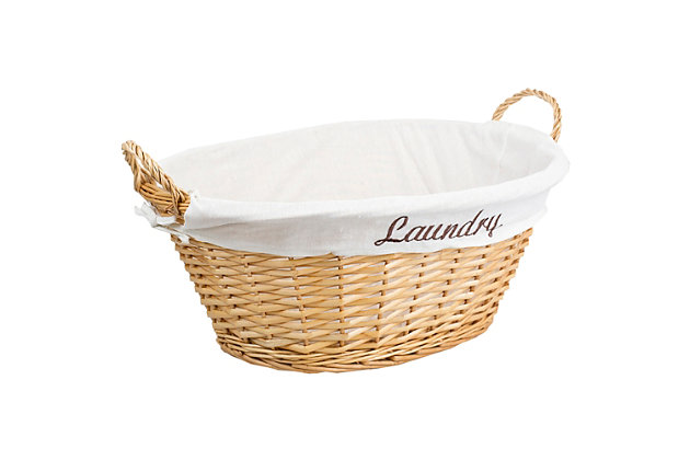Toss in your weekly washed clothes, detergent, and other handy laundry supplies in this luxury laundry basket and you’re all set to welcome in graceful order to your home.  A fabric liner is attached securely on the handle to prevent delicate fabrics from tearing and snagging.  Effortlessly tote your clothes from  your room to the machine or laundromat.  Crafted  of deep textured wicker, it is so much more than a spot to lug your laundry load. Fill it with an assortment of kitchen gadgets and tools, toys, and crafts for the perfect baby shower or wedding gift on the fly.Lined wicker basket is perfect for storing laundry, crafts, toys, and more | Sturdy looped handles for a comfortable grasp | Includes a removable, machine washable fabric liner to protect delicate clothing and items from snags and tears | Made of sturdy wicker | Measures 23.25" x 17" x 9.5" | Spot clean for easy maintenance | Pair this piece with our line of mesh intimate bags and dryer balls to keep your laundry squeaky clean and snag-free