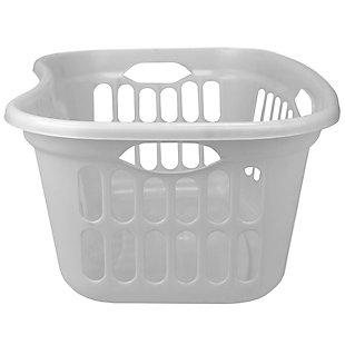 Lug those large loads of clothes back and forth with ease using this curved designed laundry basket.  Unlike rectangular laundry baskets that cause unnecessary strain, this contour laundry basket features  strategically placed  easy grab  handles along with a curved side that rests comfortably on your hip, while carrying it.  With a spacious interior, this hip hugging laundry basket can handle holding an extra size load of laundry with no problem. Spot clean.Large capacity: big enough to hold about 2 loads of unfolded laundry yet light enough to carry with ease | Curved design: curved design positions the basket on your hip, allowing for comfortable one handed carrying | Easy-grab handles: easy grab handles allow for comfortable holding whether carrying the basket in front or by your hip | Smooth finish & durable design: made of high quality plastic, it's smooth finish prevents unwanted snagging and tearing of delicate garments | Dimensions: 24" x 15.4" x 10" | Ventilated: large hole patterns allow for air flow to eliminate unwanted odors | Lightweight: weighing less than 4 pounds it's  light enough to carry up and down steps