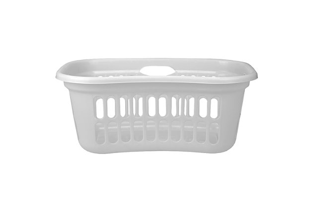 Lug those large loads of clothes back and forth with ease using this curved designed laundry basket.  Unlike rectangular laundry baskets that cause unnecessary strain, this contour laundry basket features  strategically placed  easy grab  handles along with a curved side that rests comfortably on your hip, while carrying it.  With a spacious interior, this hip hugging laundry basket can handle holding an extra size load of laundry with no problem. Spot clean.Large capacity: big enough to hold about 2 loads of unfolded laundry yet light enough to carry with ease | Curved design: curved design positions the basket on your hip, allowing for comfortable one handed carrying | Easy-grab handles: easy grab handles allow for comfortable holding whether carrying the basket in front or by your hip | Smooth finish & durable design: made of high quality plastic, it's smooth finish prevents unwanted snagging and tearing of delicate garments | Dimensions: 24" x 15.4" x 10" | Ventilated: large hole patterns allow for air flow to eliminate unwanted odors | Lightweight: weighing less than 4 pounds it's  light enough to carry up and down steps