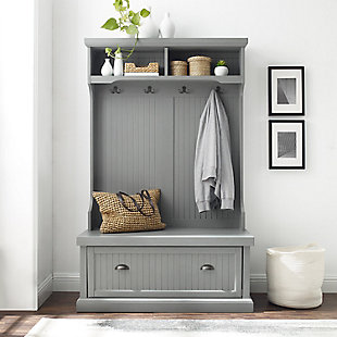 Capture the feeling of an effortless beach home with the seaside hall tree. The full-size bench offers seating or a landing zone for heavy bags and daily essentials. Showcasing classic half-cup pull hardware, the lower storage compartment offers two large cubbies behind a pull-down door. Tuck shoes, storage baskets, or extra blankets in the storage base, while hanging coats, hats, and scarves on the four double prong hooks. Two smaller overhead cubbies can organize smaller items or showcase decor. Beautifully crafted with beadboard accents and high-end distressing, the seaside hall tree will elevate your home organization.Coastal cottage design | Distressed gray finish | Genuine metal hardware in a brushed nickel finish | Beadboard paneling | Hinged drop-down cabinet door on the bench | Drop-down door has a magnetic closure | Four double prong metal hooks for hanging coats, hats, and scarves | Storage hooks have a weight limit of 5lbs | Open top shelf for display or storage | The shelf has a weight capacity of 25lbs | Pairs well with traditional and modern farmhouse decor