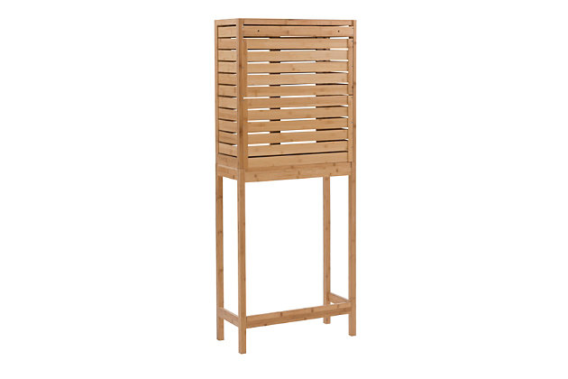 Make your bathroom feel more like a personal spa with the Bracken space saver cabinet. Crafted from solid bamboo, this naturally beautiful cabinet is both sturdy and simply striking. A trio of shelves behind pair of sliding doors offer plenty of room for towels and essentials. The space saver sits flush behind a toilet and takes advantage of vertical space.Made of solid bamboo | 2 sliding doors | 3 interior shelves | 3 open shelves | Assembly required