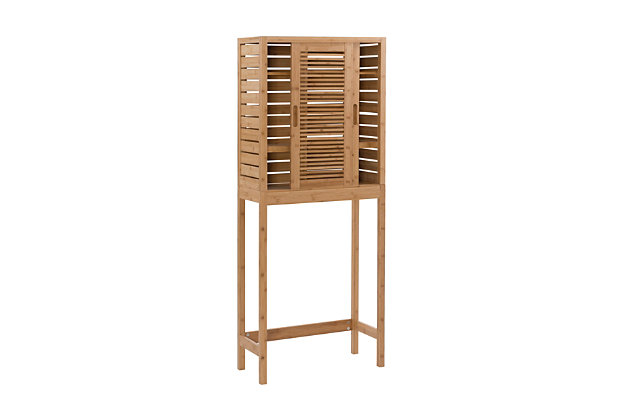 Make your bathroom feel more like a personal spa with the Bracken space saver cabinet. Crafted from solid bamboo, this naturally beautiful cabinet is both sturdy and simply striking. A trio of shelves behind pair of sliding doors offer plenty of room for towels and essentials. The space saver sits flush behind a toilet and takes advantage of vertical space.Made of solid bamboo | 2 sliding doors | 3 interior shelves | 3 open shelves | Assembly required