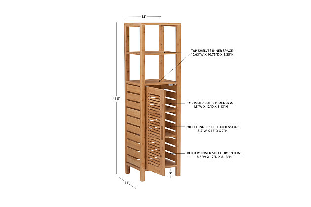 Make your bathroom feel more like a personal spa with the Bracken mid cabinet. Crafted from solid bamboo, this naturally beautiful cabinet is both sturdy and simply striking. Combination of open and closed shelved space offers plenty of room for towels and essentials.Made of solid bamboo | 1 cabinet door | 3 interior shelves | 2 open shelves | Assembly required