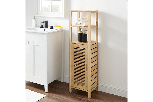 Make your bathroom feel more like a personal spa with the Bracken mid cabinet. Crafted from solid bamboo, this naturally beautiful cabinet is both sturdy and simply striking. Combination of open and closed shelved space offers plenty of room for towels and essentials.Made of solid bamboo | 1 cabinet door | 3 interior shelves | 2 open shelves | Assembly required