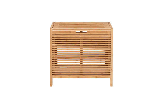 Keep dirty laundry hidden away in a stylish way with the Bracken bamboo hamper. Crafted from solid bamboo, this naturally beautiful bathroom hamper includes a slat design for enhanced airflow. Lift top with safety hinge provides easy access to wide, open interior.Made of solid bamboo | Lift-top with metal safety hinge | Assembly required