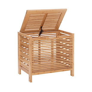 Keep dirty laundry hidden away in a stylish way with the Bracken bamboo hamper. Crafted from solid bamboo, this naturally beautiful bathroom hamper includes a slat design for enhanced airflow. Lift top with safety hinge provides easy access to wide, open interior.Made of solid bamboo | Lift-top with metal safety hinge | Assembly required