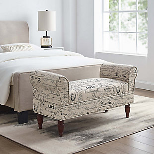 Bring comfort and a touch of drama to the bedroom, living room or front entryway with the richly upholstered Lillian bench. Feel-good microfiber fabric showcasing a très chic French script makes such a subtle statement. The straight lined backless frame is accented by rolled sides and turned mahogany finished feet for classic flair.Sturdy hardwood frame | Linen upholstery | Ca fire foam cushion | Exposed feet with dark mahogany finish | Assembly required