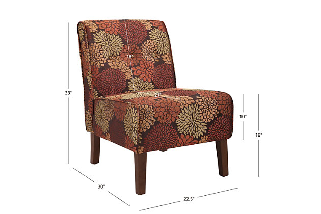 Even if you’re short on space, you can still be sitting pretty with the Coco accent chair. Simple and streamlined, this chair’s armless design won’t cramp your style. Its botanical patterned upholstery in rich harvest hues is a breath of fresh air.Sturdy hardwood frame | Microfiber upholstery | Ca fire foam cushion | Button tufted seat | Exposed legs with dark walnut finish | Assembly required