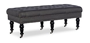 The richly styled Isabelle bench is sure to bring sophistication and a touch of romance to a bedroom, living room or entryway. Deep tufting enhances the bench’s charcoal linen fabric, while classically turned legs in a black finish are a stri complement. Casters make it easy to enjoy.Made with solid birch wood | Polyester linen upholstery | Ca fire foam cushion | Tufted seat | Silvertone nailhead trim | Casters for easy mobility | Exposed legs with black finish | Assembly required