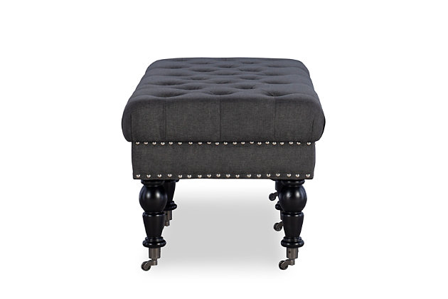 The richly styled Isabelle bench is sure to bring sophistication and a touch of romance to a bedroom, living room or entryway. Deep tufting enhances the bench’s charcoal linen fabric, while classically turned legs in a black finish are a striking complement. Casters make it easy to enjoy.Made with solid birch wood | Polyester linen upholstery | Ca fire foam cushion | Tufted seat | Silvertone nailhead trim | Casters for easy mobility | Exposed legs with black finish | Assembly required
