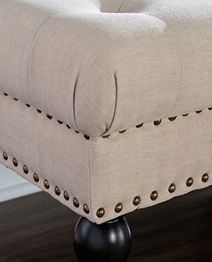 The richly styled Isabelle bench is sure to bring sophistication and a touch of romance to a bedroom, living room or entryway. Deep tufting enhances the bench’s natural linen fabric, while classically turned legs in a dark espresso finish are a striking complement. Casters make it easy to enjoy.Made with solid birch wood | Polyester linen upholstery | Ca fire foam cushion | Tufted seat | Bronze-tone nailhead trim | Casters for easy mobility | Exposed legs with dark espresso finish | Assembly required