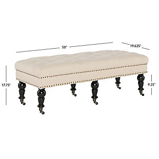 The richly styled Isabelle bench is sure to bring sophistication and a touch of romance to a bedroom, living room or entryway. Deep tufting enhances the bench’s natural linen fabric, while classically turned legs in a dark espresso finish are a striking complement. Casters make it easy to enjoy.Made with solid birch wood | Polyester linen upholstery | Ca fire foam cushion | Tufted seat | Bronze-tone nailhead trim | Casters for easy mobility | Exposed legs with dark espresso finish | Assembly required