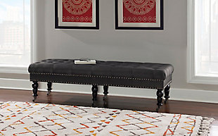 Given its scale, the richly styled Isabelle bedroom bench looks perfectly placed at the foot of the bed. Of course, it’s just as welcome and practical in an entryway or under a window. Deep tufting enhances the bench’s charcoal linen fabric, while classically turned legs in a black finish are a striking complement. Casters make it easy to enjoy.Made with solid wood, birch | Polyester linen upholstery | Ca fire foam cushion | Tufted seat | Silvertone nailhead trim | Casters for easy mobility | Exposed legs with black finish | Assembly required