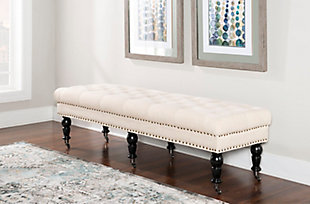 Given its scale, the richly styled Isabelle bedroom bench looks perfectly placed at the foot of the bed. Of course, it’s just as welcome and practical in an entryway or under a window. Deep tufting enhances the bench’s natural linen fabric, while classically turned legs in a dark espresso finish are a striking complement. Casters make it easy to enjoy.Made with solid wood, birch | Polyester linen upholstery | Ca fire foam cushion | Tufted seat | Bronze-tone nailhead trim | Casters for easy mobility | Exposed legs with dark espresso finish | Assembly required