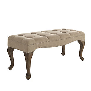 Stri a pose with curvaceous cabriole legs and a deeply tufted padded seat, the Loire bench brings a très chic twist to the scene. Washed linen fabric is complemented with a washed gray wood finish for a mood of easy elegance and French country flair.Made with solid wood, birch | Washed linen upholstery | CA fire foam cushion | Tufted seat | Brush silvertone nailhead trim | Exposed legs with gray wash finish | Assembly required