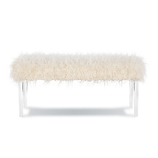 Indulge in affordable luxury. The fabulous faux flokati bench brings instant glamour to your space. Ultra plush white flokati seat paired with clear acrylic tapered legs makes such a flirty fashion statement. Perfect as a bench or ottoman. Place at the foot of your bed…in an entryway…anywhere wow factor is welcome.Made of wood with clear acrylic legs | Faux flokati fabric | Foam cushion | Assembly required