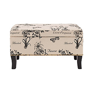 So pretty and practical. That’s the beauty of the Stephanie bench. The cushioned seat and upholstered sides are graced with a subtle botanical print fabric that’s a natural complement. Inside: loads of handy storage space for everything from table linens to toys. Rest assured, a safety hinge allows the lift-top bench to open and close smoothly.Made of solid wood | Linen fabric | Ca fire foam cushion | Flip-top with soft close safety hinges opens to storage compartment | Black finished legs | Assembly required
