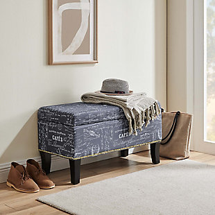 So pretty and practical. That’s the beauty of the Stephanie bench. The cushioned seat and upholstered sides are graced with a subtle script fabric for a chic fashion statement. Inside: loads of handy storage space for everything from table linens to toys. Rest assured, a safety hinge allows the lift-top bench to open and close smoothly.Made of solid wood | Linen fabric | Ca fire foam cushion | Flip-top with soft close safety hinges opens to storage compartment | Black finished legs | Assembly required
