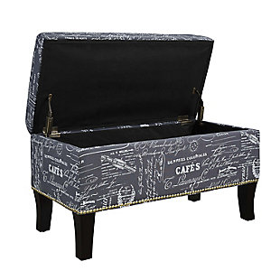 So pretty and practical. That’s the beauty of the Stephanie bench. The cushioned seat and upholstered sides are graced with a subtle script fabric for a chic fashion statement. Inside: loads of handy storage space for everything from table linens to toys. Rest assured, a safety hinge allows the lift-top bench to open and close smoothly.Made of solid wood | Linen fabric | Ca fire foam cushion | Flip-top with soft close safety hinges opens to storage compartment | Black finished legs | Assembly required