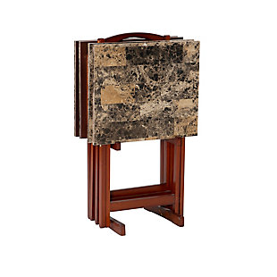 Make TV-and-takeout nights all the more appetizing with this 5-piece faux marble tray table set. Designed for style and quality, it includes four foldable wood tables with faux marble decorative tops and a handy storage stand with handle for easy carry and storage.Includes 4 folding tray tables and storage stand | Made of rubberwood, wood and engineered wood | Faux marble paper decorated tabletops | Stand with handle for easy transport | Assembly required