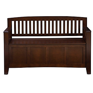 The Cynthia storage bench is such a welcome addition to an entryway or mudroom. Sporting a flip-top seat, this stylish storage bench offers a clean and classic aesthetic with slat back and sides and a richly rustic walnut finish.Made of chinese hardwood, engineered wood and plywood | Walnut finish | Flip-top seat with hinges opens to storage compartment | Assembly required