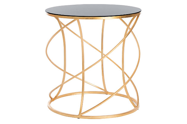 The dynamic curves and chic finish of the Cagney Accent Table make it a polished addition. Crafted with a goldtone iron base and black glass tabletop, it brings modern elegance to any decor. This table is an ideal spot for a cocktail, small lamp, or priceless antique.Goldtone finish | Made of iron and glass | No assembly required