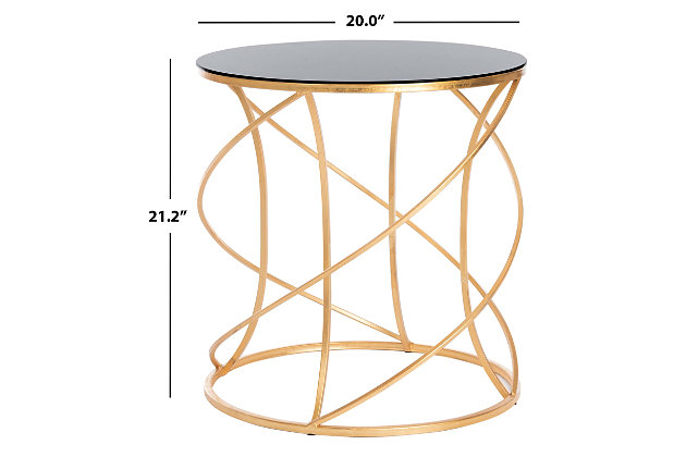 The dynamic curves and chic finish of the Cagney Accent Table make it a polished addition. Crafted with a goldtone iron base and black glass tabletop, it brings modern elegance to any decor. This table is an ideal spot for a cocktail, small lamp, or priceless antique.Goldtone finish | Made of iron and glass | No assembly required