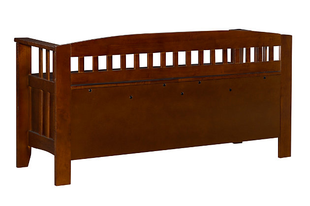 If you’re split between needing seating or storage space, get the best of both with this split seat storage bench. What a welcome addition to an entryway or mudroom. This storage bench offers a distinctive split seat design with low-back slat styling. Ample storage compartment handily houses everything from backpacks and umbrellas, to shoes and sports gear.Made of poplar wood and veneers | Walnut finish | Split-seat design | Flip top with hinges opens to storage compartment | Assembly required