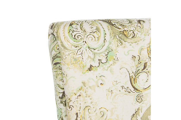 The classic roll arm of the Hazina club chair gets updated thanks to a traditional spring green paisley print in a crisp cotton/linen blend. Standing atop espresso-finished wood legs, this accent chair is glorious in a living room, family room, or master suite.Roll arms | Made of wood and linen blend fabric | Assembly required