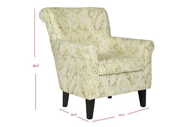 The classic roll arm of the Hazina club chair gets updated thanks to a traditional spring green paisley print in a crisp cotton/linen blend. Standing atop espresso-finished wood legs, this accent chair is glorious in a living room, family room, or master suite.Roll arms | Made of wood and linen blend fabric | Assembly required