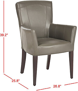 Dapper and delightful, the Dale Armchair brings a soft, tailored touch to any room with clay faux leather upholstery and birch wood legs with cherry mahogany finish. Whether it’s an intimate dining room, a set for the study or a place for guests to have a cocktail in the living room, any room becomes an instant scene of modern luxury.Gray | Faux leather and birch wood | Assembly required