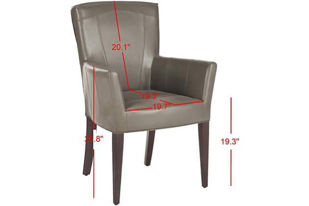 Dapper and delightful, the Dale Armchair brings a soft, tailored touch to any room with clay faux leather upholstery and birch wood legs with cherry mahogany finish. Whether it’s an intimate dining room, a set for the study or a place for guests to have a cocktail in the living room, any room becomes an instant scene of modern luxury.Gray | Faux leather and birch wood | Assembly required