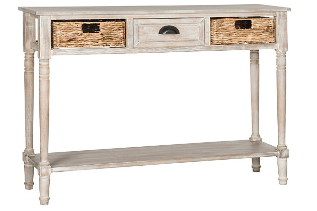 From coastal cottage to rustic lodge, the country-styled Christa Console in vintage white pine lends welcoming charm to any entry hall, and also makes a wonderful focal wall in a living or family room. With rattan weave drawers and a lower shelf, this piece is ideal for both storage and display.Rattan weave drawers; lower shelf | Assembly required | Water-based paint
