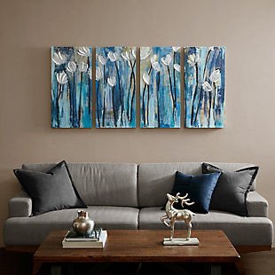 Let style bloom in your home. This vibrant set of four pieces of art on canvas depicts an ocean breeze blossom scene. Featuring a cool color palette of blues and greens with accents of black and white, this art is printed on canvas with hand embellishment for added detail. The canvas is assembled onto a wood box for better structure.Set of 4 | Made of engineered wood and canvas | Blue and green with black and white accents | Gallery wrapped canvas | Giclee reproduction | Hand embellishment | Indoor use only | Ready to hang (two D-ring hangers) | Imported