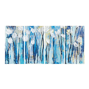 Let style bloom in your home. This vibrant set of four pieces of art on canvas depicts an ocean breeze blossom scene. Featuring a cool color palette of blues and greens with accents of black and white, this art is printed on canvas with hand embellishment for added detail. The canvas is assembled onto a wood box for better structure.Set of 4 | Made of engineered wood and canvas | Blue and green with black and white accents | Gallery wrapped canvas | Giclee reproduction | Hand embellishment | Indoor use only | Ready to hang (two D-ring hangers) | Imported